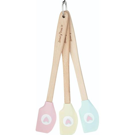KitchenCraft Sweetly Does It Set di 3 Piccole Spatole da Cucina con Teste in Silicone e Manici in Legno, 20,5 cm - Multicolore con Disegno a Cuore (1/5)
