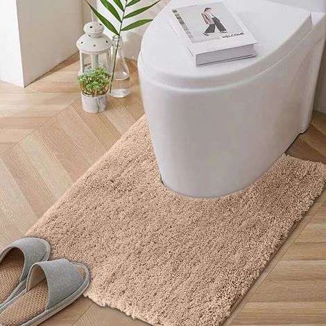 Tapis de toilette en forme de U, 50 x 50 cm, ultra-doux et absorbant, à séchage rapide et antidérapant, lavable en machine, beige. (1/4)