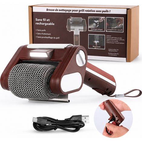 Brosse de barbecue rotative électrique marron avec 1 rouleau en inox 304 et LED marron 26 × 14,5 × 11 cm 681 g – Livraison gratuite