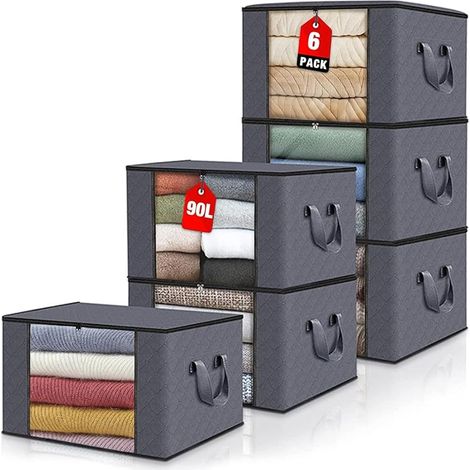 6Pcs Sac Rangement avec Fermeture Éclair, Boîte Vêtements Sous Lit avec Poignées Renforcées et Fenêtres Transparentes, Caisse Armoire Empilable Pliable pour Couvertures, Literie, Coussins, Jouets