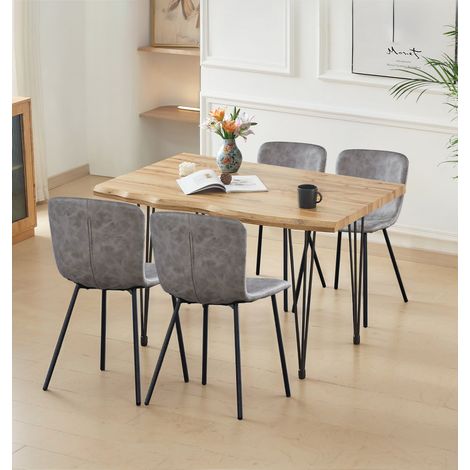 Hallowood Furniture Cullompton Large Dining Table and Chairs Set 4, Live Edge Effect Top Kitchen Table (120cm) and Taupe Faux Leather Dining Chairs, Modern Dining Set for 4 for Home and Café (1/5)