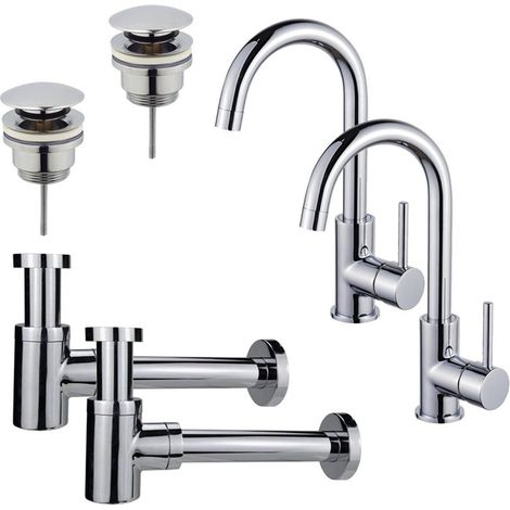 FugaFlow Eccelente Sobrado Kit robinet lavabo - pour double vasque - robinet haut - bec rotatif - bonde clic clac - siphon design bas - Chrome (1/4)