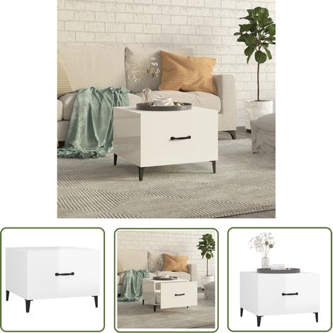 The Living Store Table basse avec pieds en métal Blanc brillant 50x50x40 cm - Table Basse Industrielle - Meuble Design - Table D'appoint - Table Salon - Rangement Tiroir (1/5)