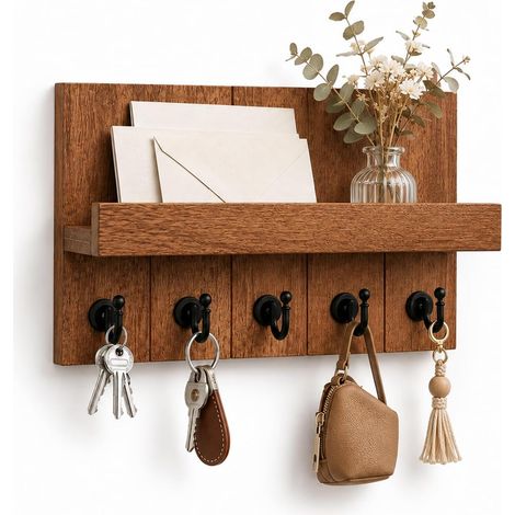 Wooden Wall Keys with 5 Hooks, Modern Wall Key Ring with Wooden Shelf, with Adhesive Drilling Templates, for Entrances (1/5)