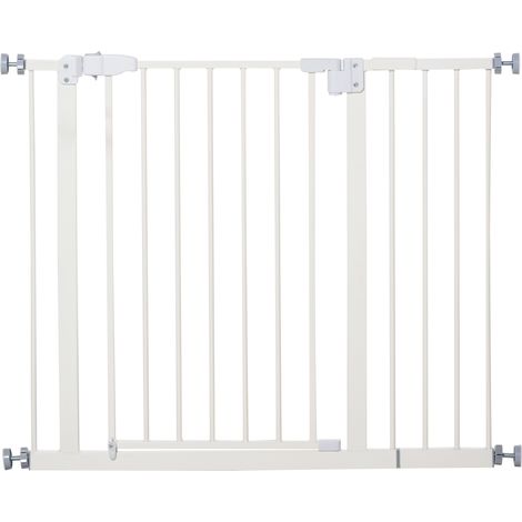 Sicherheitsgitter ohne Bohren, verstellbare Breite 74–80 cm / 91,5–97,5 cm, doppelte Verriegelung, automatischer Schließmechanismus, Hundegitter für Tür, Flur, Treppenhaus, weißer Stahl