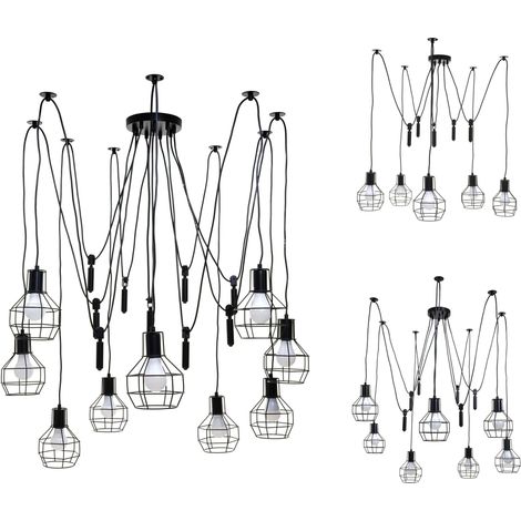 Lampe à suspension HWC-H85, métal industriel, réglable en hauteur, noir 9x abat-jours cage (1/5)