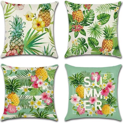 Set di 4 federe per cuscini con motivo piante tropicali e ananas, ideali per divano, patio, giardino, soggiorno, camera da letto, 45x45 cm.