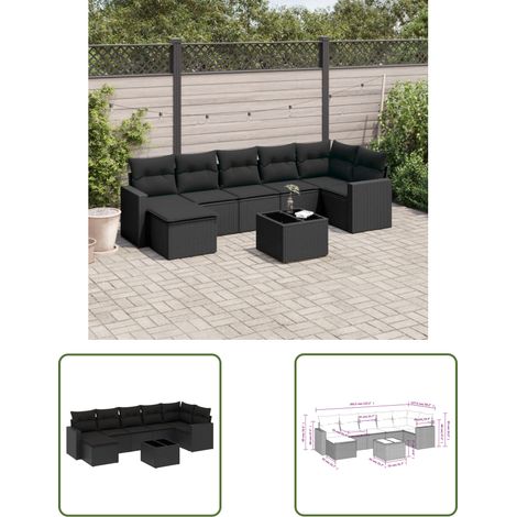 The Living Store Salon de jardin 8 pcs avec coussins noir résine tressée - Ensemble Salon De Jardin - Meuble De Jardin - Résine Tressée - Rotin Synthétique - Mobilier D'extérieur (1/3)