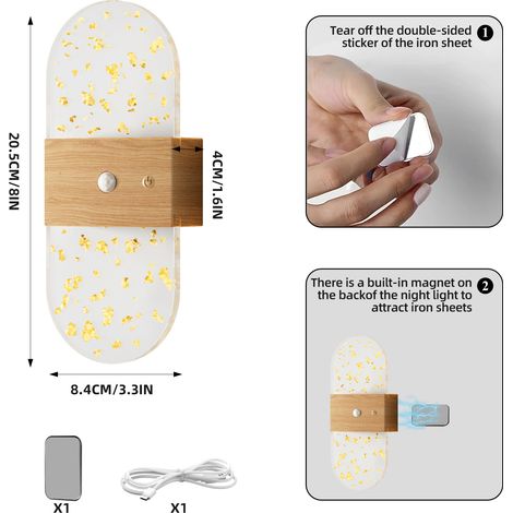 Lumière LED Murale Induction Humaine Rechargeable, Bois Ovale Magnétique