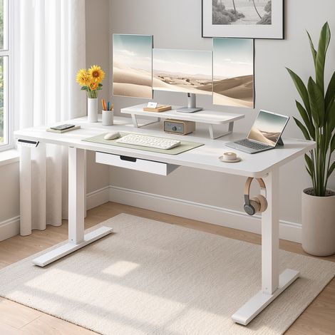 Bureau Électrique Réglable en Hauteur, 140 x 70 cm, Support d’Écran, Tiroir, Port USB-C, Blanc (1/5)
