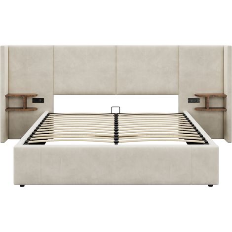 Lit coffre 160 x 200 cm en velours beige avec USB, prises et 2 tables de nuit (1/5)