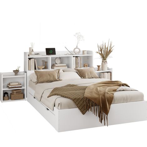 Lit Double 140x200 Bois Blanc avec Rangements, 4 Tiroirs, Tables de Chevet Rétractables, Chargeur Sans Fil et Port Type C, Sommier Inclus (1/5)