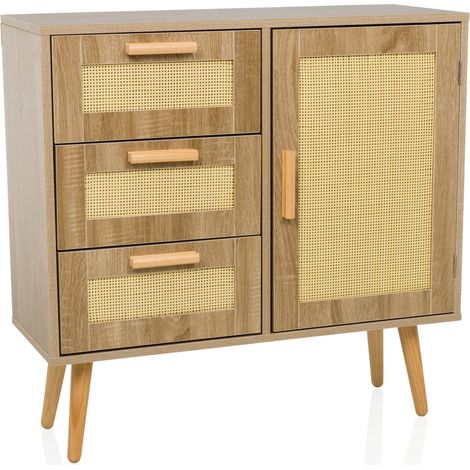 Buffet / commode STRYN 80x30x78 cm 3 tiroirs 1 porte marron clair hjh LIVING (1/5)