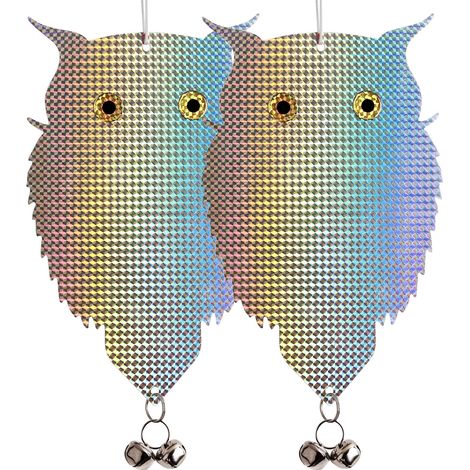 Paquete de 2 señuelos de búho para disuadir palomas, colgantes, de plástico reflectante para exteriores, para ahuyentar palomas y pájaros en el jardín, con campanas.