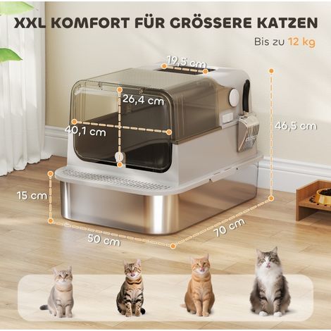 Litière pour chat XXL en acier inoxydable avec couvercle rabattable et pelle, gris DESVIAE (1/5)