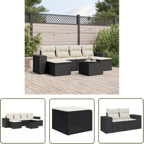 The Living Store 7-tlg. Garten-Sofagarnitur mit Kissen Schwarz Poly Rattan - Gartensorte - Gartenmöbelset - Esstischgarnitur - Outdoor Möbel - Lounge Set (1/5)