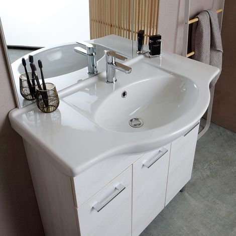 Kiamami Valentina – Meuble de salle de bains au sol 85 cm – Chêne blanc effet bois – 3 portes – Lavabo céramique avec trop-plein – Miroir avec spots LED — vue 3