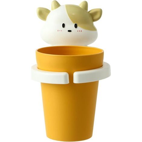 Portacepillos de dientes infantil con vaso, no requiere perforación, vaso amarillo con diseño de animal de dibujos animados, vaso para enjuague bucal (1/5)