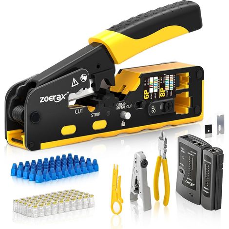RJ45 Pass Through Tool Kit for Cat7 Cat6 Cat5 Including Cable Tester Wire Stripper 50pcs Cat6 Connectors and Unloading Boots DIY Ethernet Network Tool (1/5)