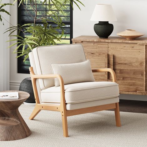 COLAMY Loungesessel mit Lendenkissen, Mid-Century Sessel mit Massivholzrahmen, Beige