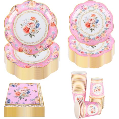Set de vaisselle vintage pour fête de 30 invités - Assiettes en papier floral rose, serviettes et tasses à thé - Vaisselle en papier de style britannique classique pour thé de l'après-midi en (1/5)