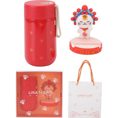 Tasse thermique 300 ML en acier inoxydable, gobelet isotherme avec forme de chat porte-bonheur, support téléphone portable, ensemble cadeau avec sac (1/5)