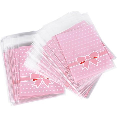 8x10CM+2,8CM 200pcs Sac Sachet Pochettes de Bonbons Rose Motif Noeud Papillon avec Auto-Adhésive pour Bonbons Bijoux Objets (1/5)