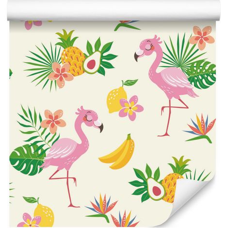 Papel pintado de flamencos y plantas exóticas para salón y dormitorio, 50x1000 cm. (1/5)