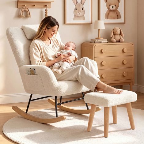 Fauteuil à bascule en tissu bouclé avec repose-pieds, structure métal, fauteuil relax confortable, beige