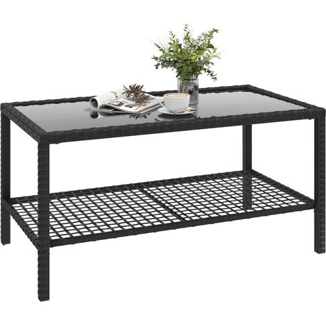 Table basse extérieur à deux niveaux en rotin noir avec bac de rangement, plateau verre trempé et cadre métallique
