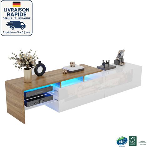 Meuble TV 170cm - Lignes épurées - Design moderne - Rangement pratique - Aspect bois - Étagères en verre - Éclairage LED - Blanc (1/5)