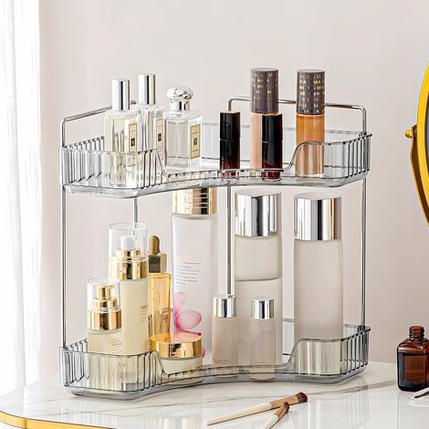 Plateau d'angle pour maquillage à 2 niveaux en acrylique pour rouge à lèvres, soin des ongles, parfum, pinceau, coiffeuse, chambre à coucher, cuisine, salle de bain (gris) (1/5)