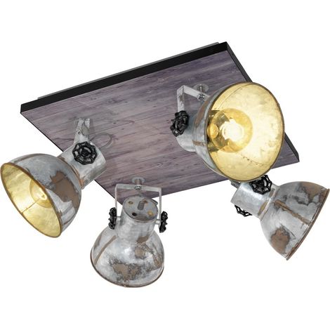 EGLO Lampada da soffitto Barnstaple, plafoniera vintage a quattro punti luce, dal design industrial, spot da parete retrò in acciaio zincato dall'aspetto usato, legno, patina marrone, nero, E27 (1/5)
