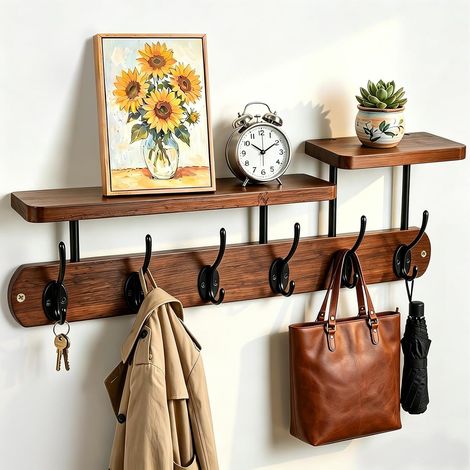 Porte Manteau Mural, 59  18cm Porte Manteau Mural 6 Crochets avec Etagere en Bois, Portemanteau Mural Vintage pour Entrée, Chambre, Salle de Bain et Vestiaire (1/5)