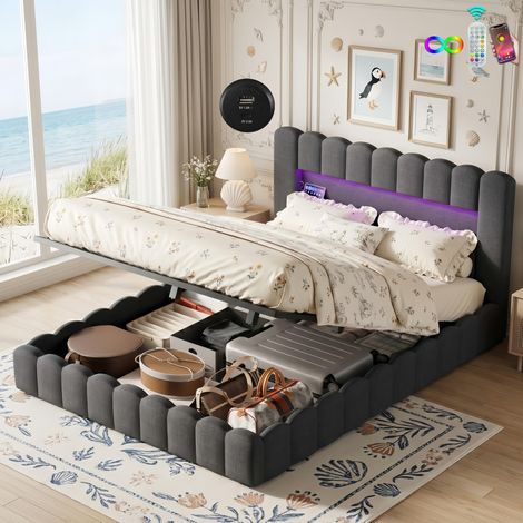 Lit Coffre 180x200 cm Lin Gris avec Maxi Rangement - Lit Double Rembourré - Tête de Lit Connectée LED, USB-C - Sommier Inclus, Design Moderne (1/5)
