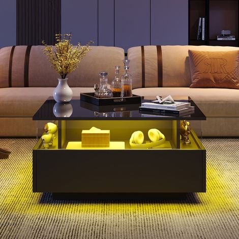 Table Basse LED Éclatante 70x70x41 cm - 2 Tiroirs - Plateau Transparent - 30 kg Charge Max - Design Moderne pour Salon (1/5)