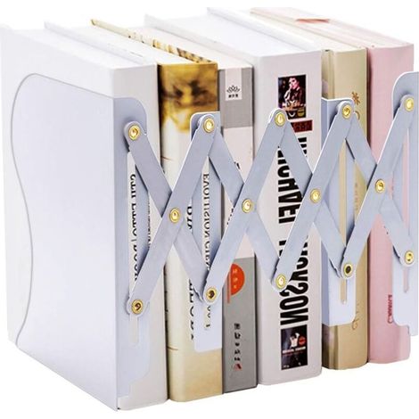 Serre-livres réglable en métal, Serre-livres télescopique pour pour cuisine, bureau, ecole,chambre, salon,bibliothèque s'étend jusqu'à 48 cm (blanc) (1/5)