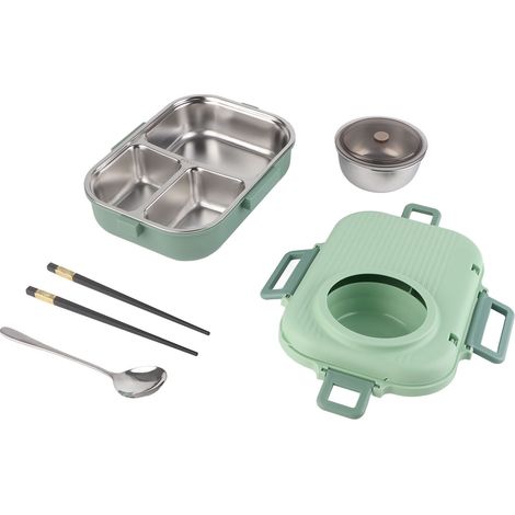 Boîte à lunch isotherme 1100 ml à double compartiment et 3 compartiments, en acier inoxydable 304, avec baguettes, cuillère et bol à soupe, verte. (1/5)