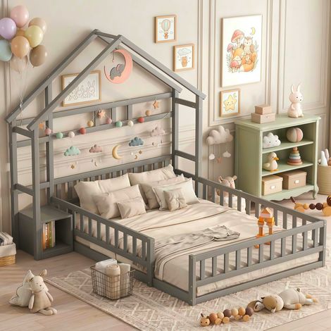 Lit Cabane Enfant 140x200 cm, avec Barrière de Sécurité et Table de Chevet, Lit Plateforme Montessori - Gris