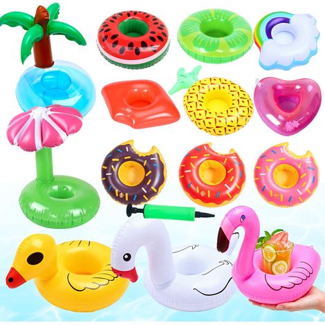 Lot de 15 porte-gobelets flottants gonflables avec pompe à air, porte-bière, support de boisson, palmier, canard, donut, pastèque, ananas, pour piscine hawaïenne, fête, décoration d'été, piscine (1/5)