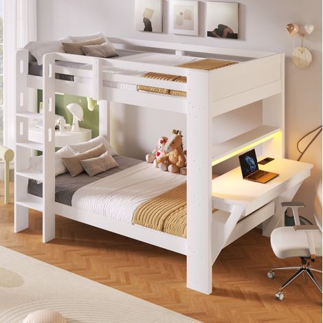 Letto a soppalco 90/200 cm bianco con scrivania, LED e prese USB/Type-C (1/5)