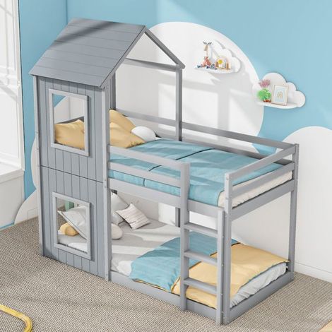 Lit superposé cabane - SOGEU - Lit cabane au sol - 90x200 cm - Pin massif gris - Sommiers inclus (1/5)