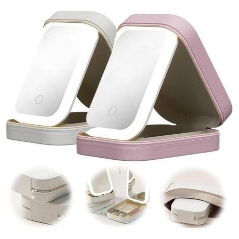 Miroir de maquillage réglable à LED tricolore, miroir de maquillage Rechargeable avec lumières, boîte de rangement, blanc + rose, 2 pièces (1/5)