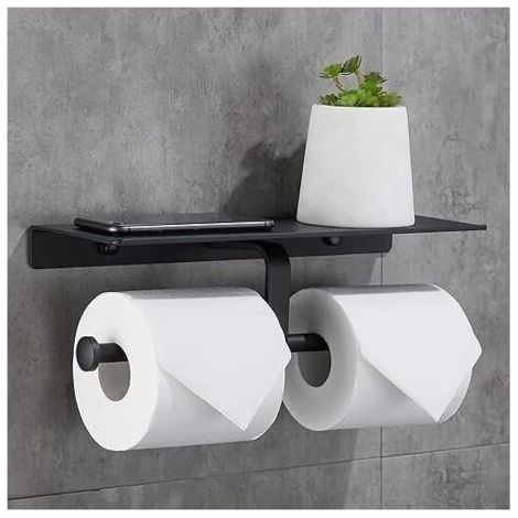 Porte Rouleau de Papier Toilette Hygiénique sans Perçage avec Etagère de Téléphone Portable Support Mural Double Porte-papier toilette pour Salle de Bains (Noir) (1/5)