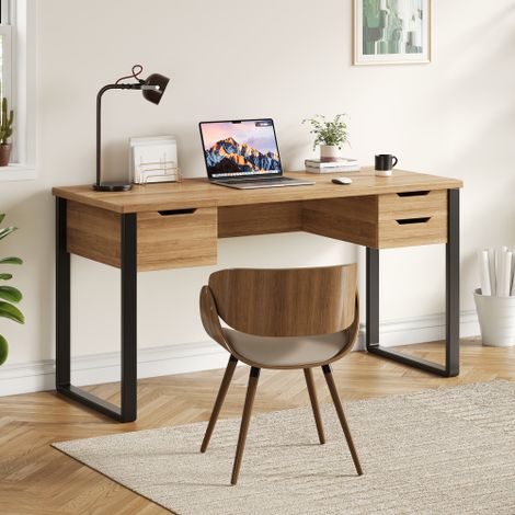 Modernluxe - Bureau 130x55x76 cm - 3 tiroirs de rangement - Plateau en mélamine - Pieds en métal - Coloris bois naturel et noir (1/5)