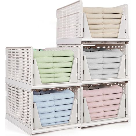 Set de 5 Boîtes Rangement Extra-Larges Empilables, Organisateur Pliant en Plastique, Tiroirs Extrait pour Armoire, Idéales Cuisine, Cellier, Chambre, Salle Bain 42 x 33 25 cm - (1/5)