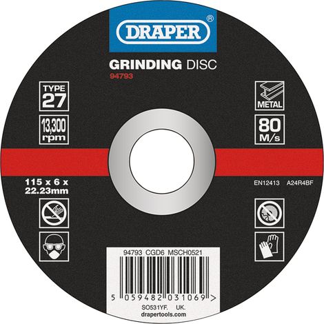 Draper 94793 DPC Metal Grinding Disc – 115 x 6 x 22.23mm, Heavy-Duty Abrasive Disc for Metal Grinding and Surface Preparation