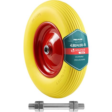 Vounot – Roue de brouette increvable 4.80/4.00-8 – Alésage 20mm – Capacité 210kg – Moyeu métal – Bande de roulement antidérapante