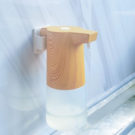 Distributeur automatique de savon bois, distributeur de savon en mousse avec capteur 300 ml, montage mural sans perçage, rechargeable USB, pour cuisine (1/5)