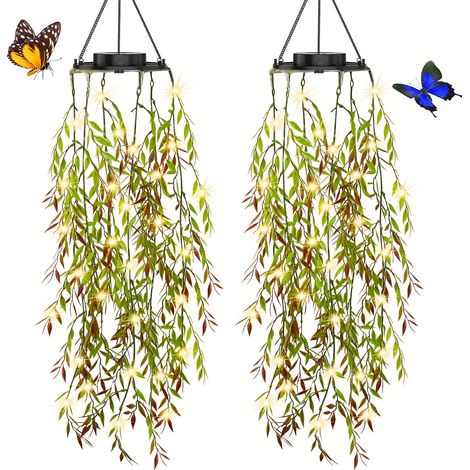 Lumières Solaires de Jardin 2 pcs – Plantes Artificielles Suspendues à Feuilles de Saule avec 66 LED, Étanches pour Patio et Mariage